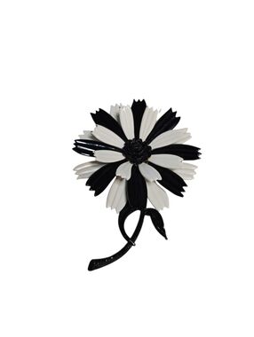 Vintage Floral Flower Black White Enamel Brooch Pin READ